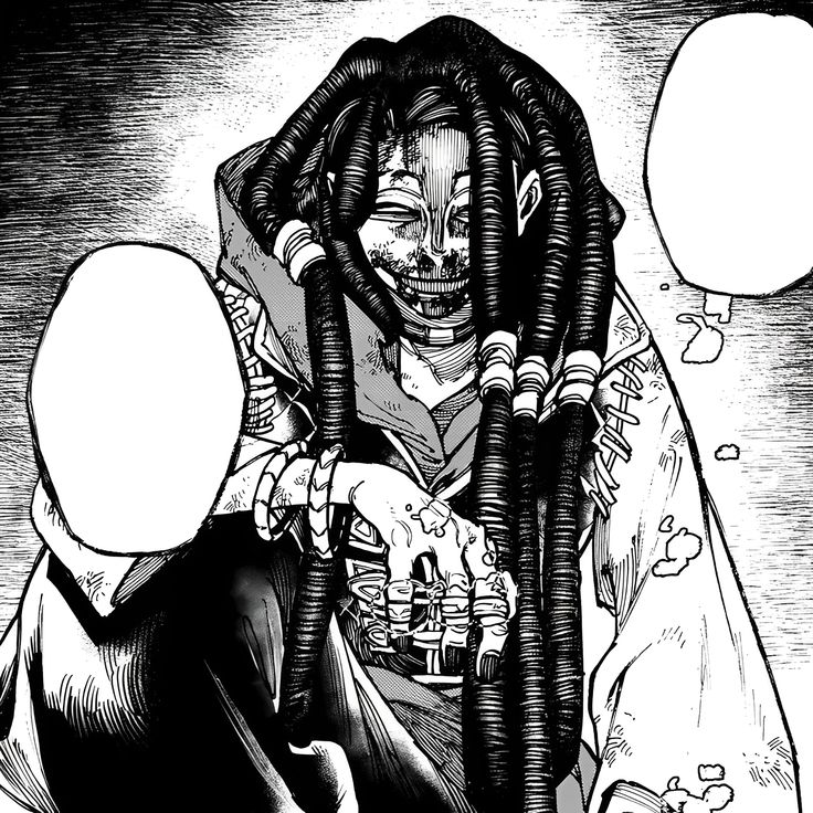Black-and-white manga figure with coiled hair, a creepy grin, and hands reaching forward