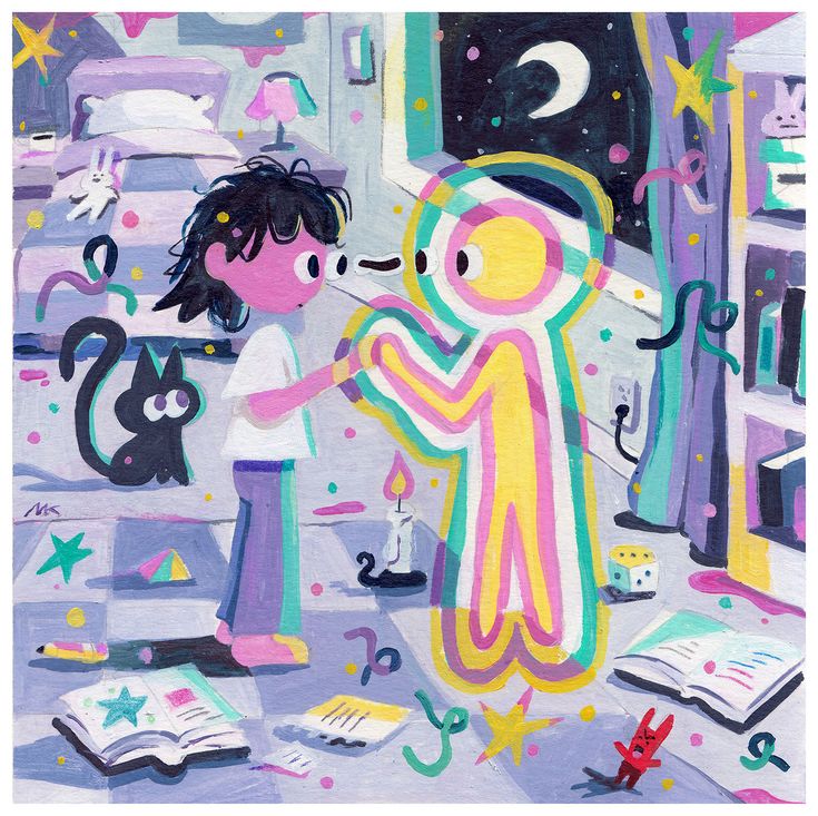 Colorful illustration of messy bedroom with glowing figure and black cat