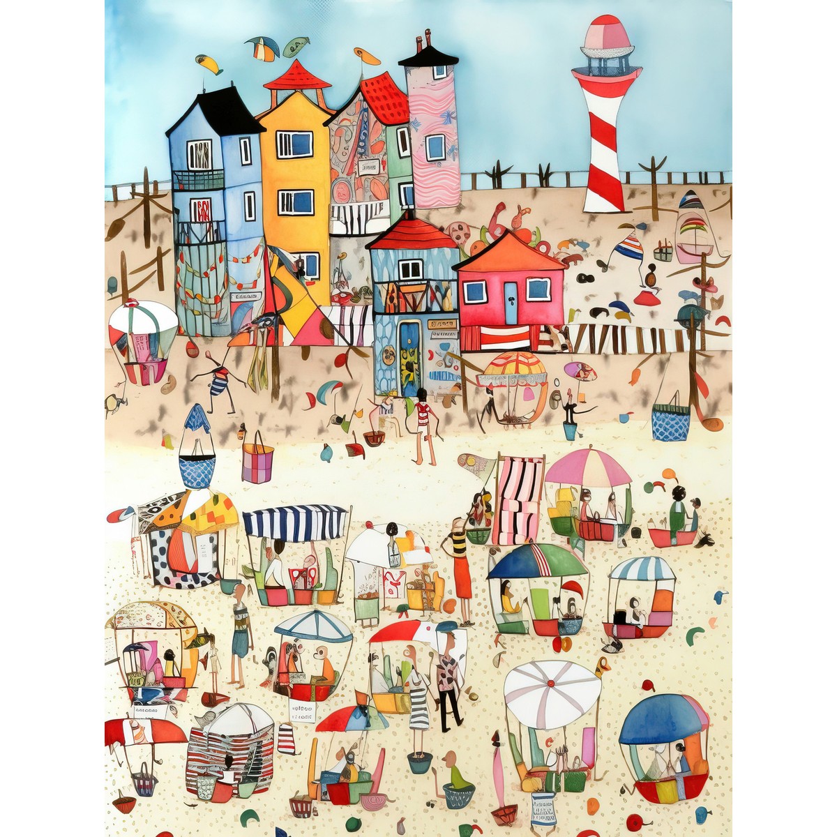Colorful folk art beach scene with houses, lighthouse, and people on sandy shore