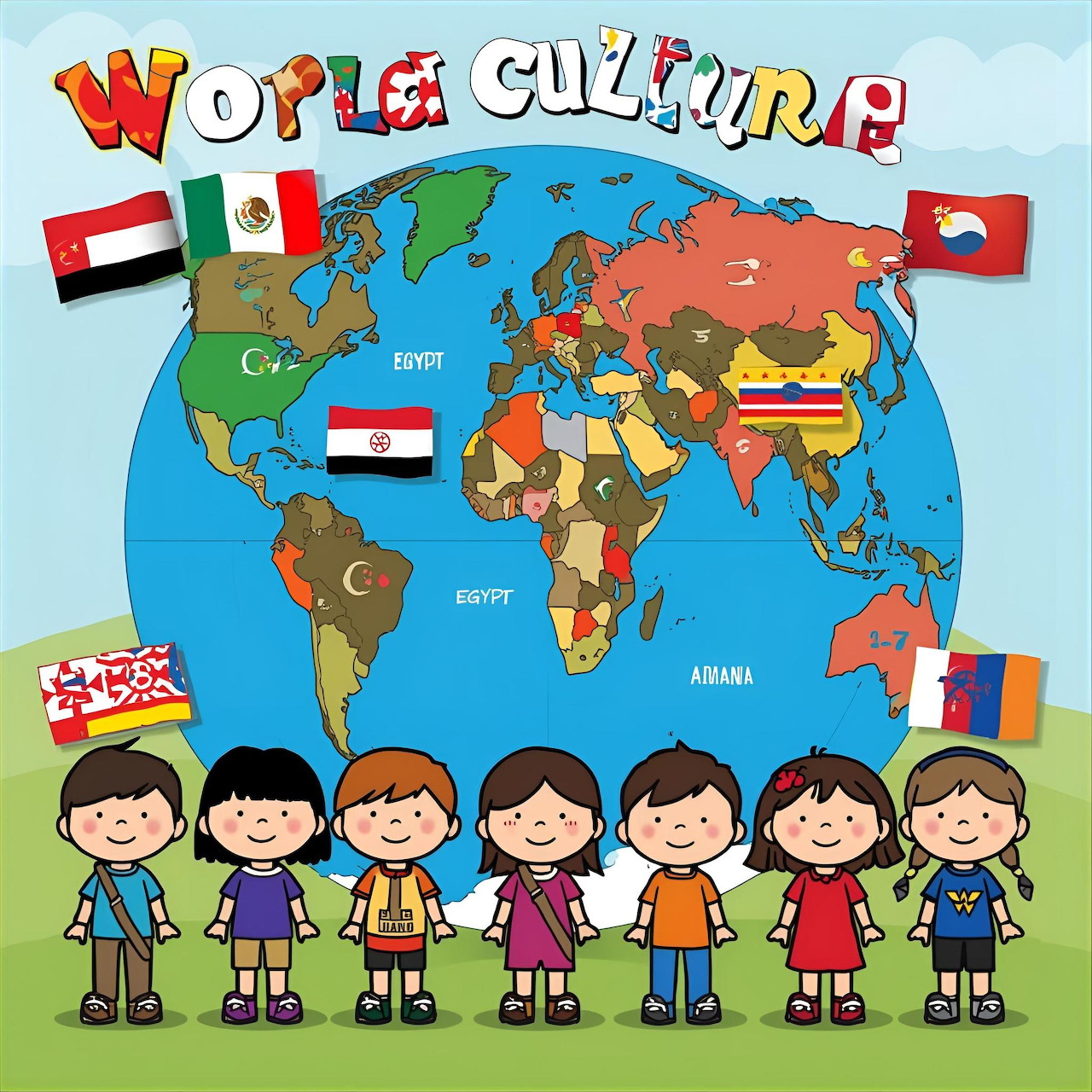 Cartoon children of different ethnicities standing before a colorful world map with various country flags