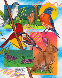Colorful wildlife collage with birds, rabbits, flowers, and geometric patterns in mixed media style