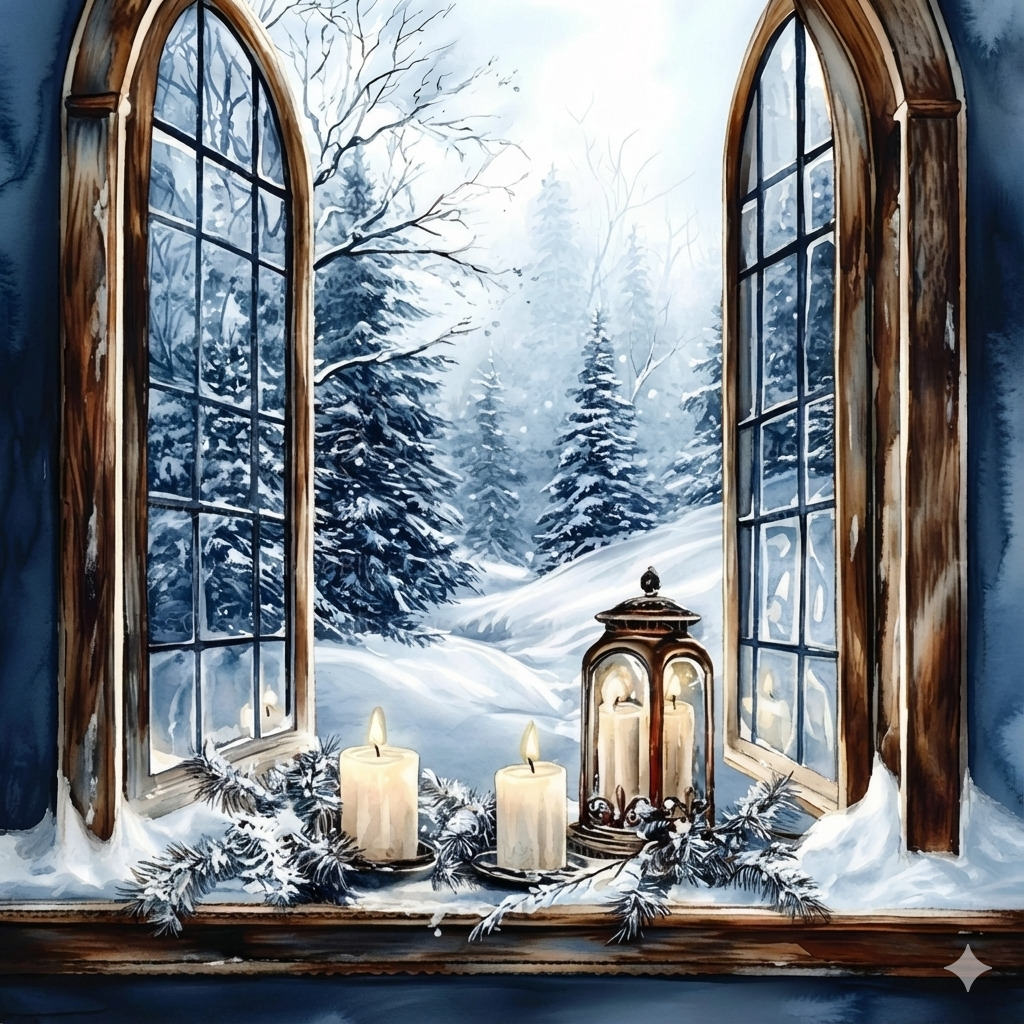 Arched windows open to snowy forest, candles and lantern on windowsill with winter decor