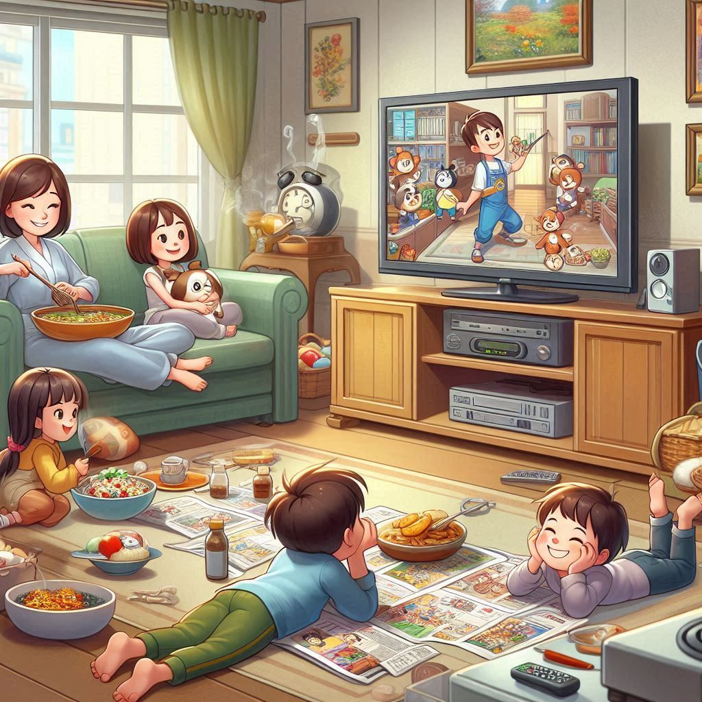 Cartoon family in a cozy living room watching TV and eating snacks together