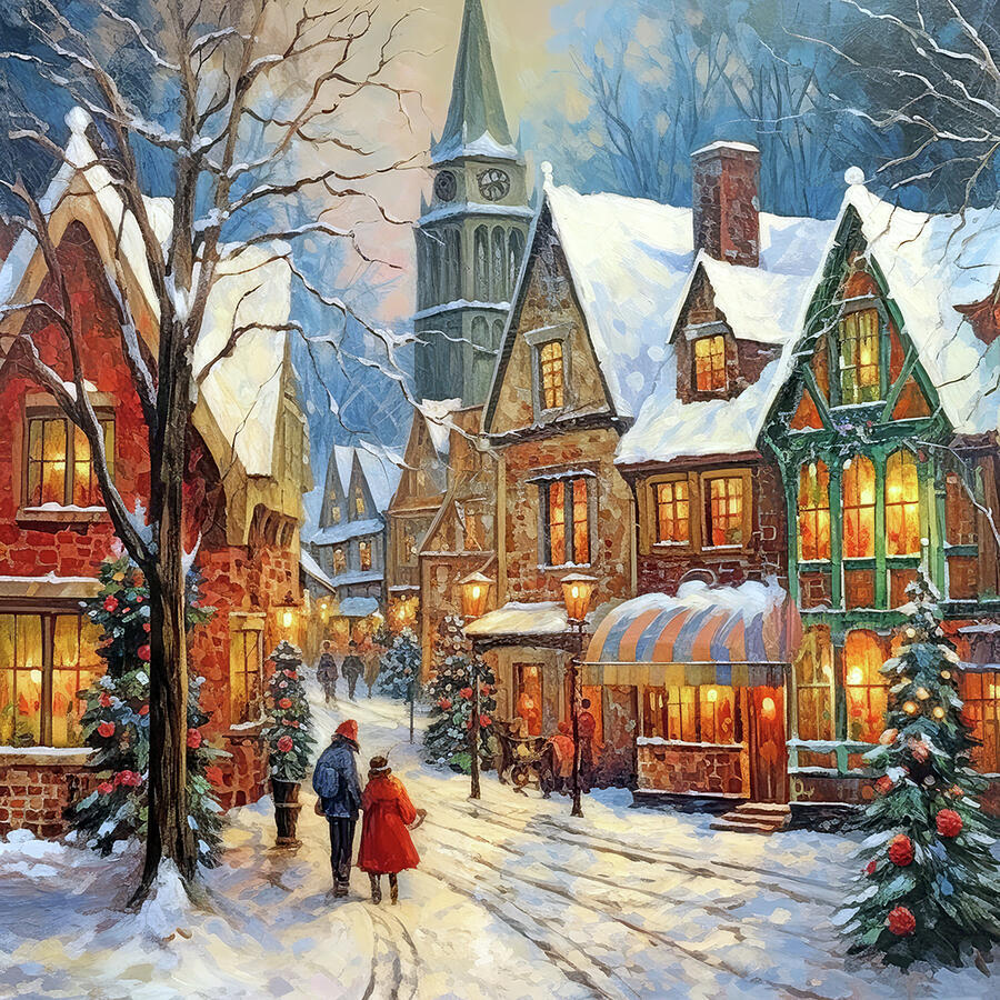 Snowy Christmas village street with Victorian buildings, church, shoppers, and holiday lights at dusk