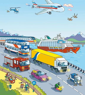 Collage of different transportation vehicles including cars, planes, trains and boats
