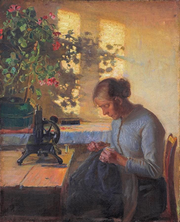 Painting of a woman sewing by a sunlit window beside a table with a plant and sewing machine
