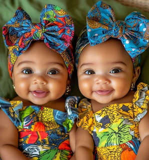 Two smiling baby girls in colorful African-print bow headwraps and matching outfits