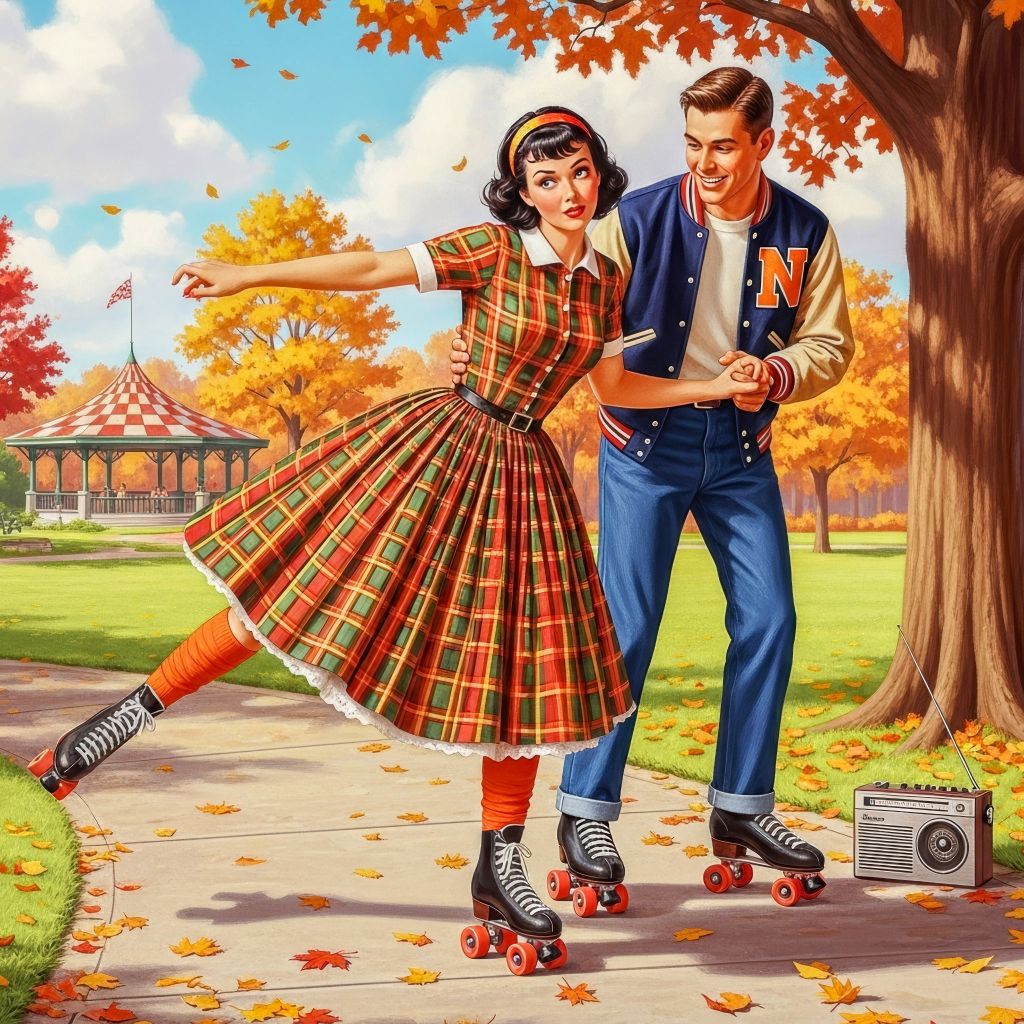 Retro couple in 1950s clothing dancing under autumn tree with falling orange leaves in park setting