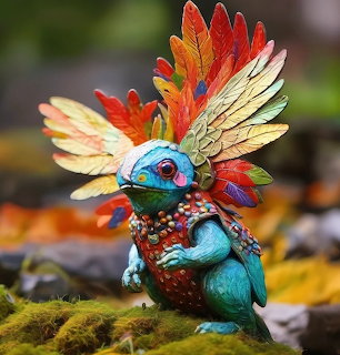 Colorful fantasy creature figurine with rainbow wings and blue iridescent body on moss