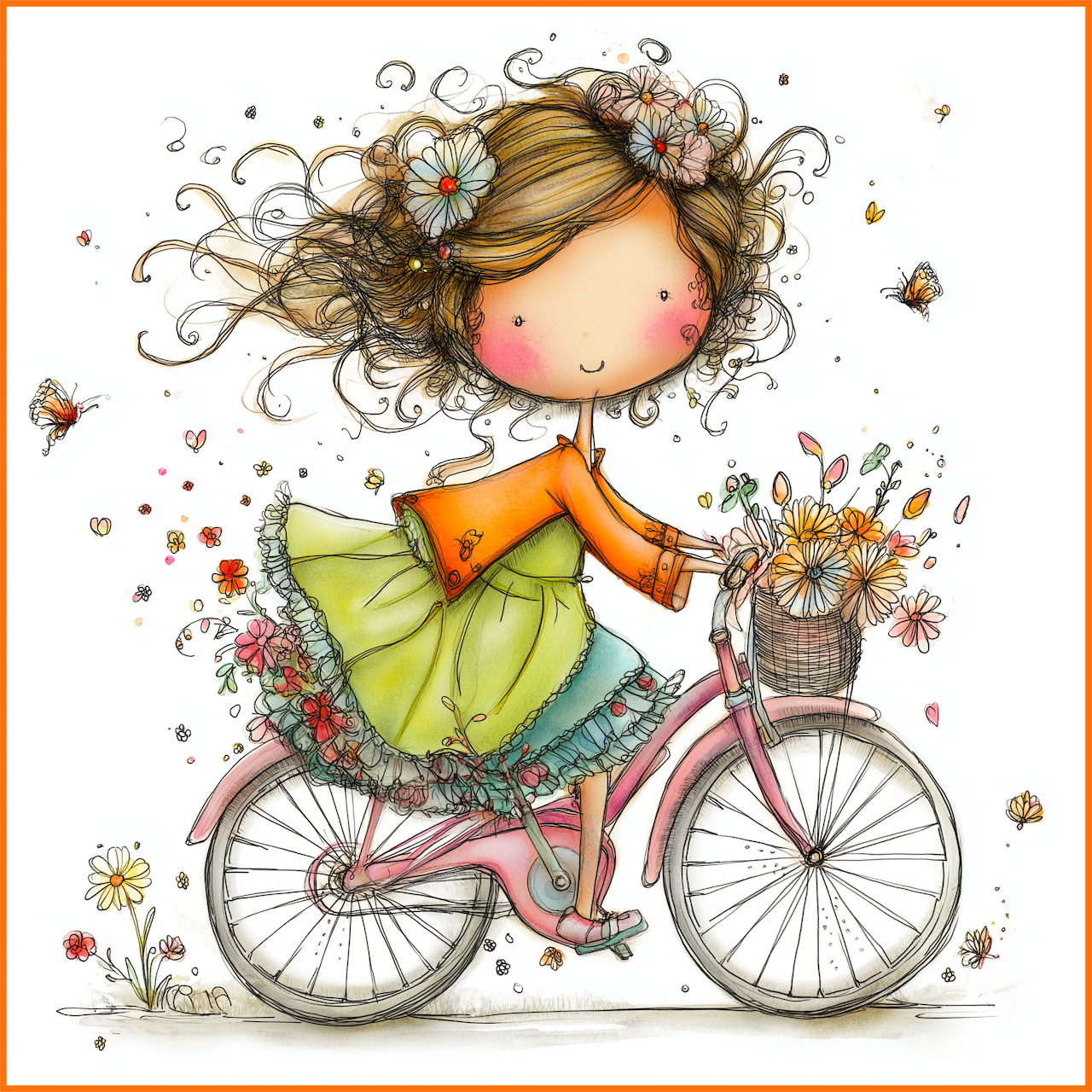 Whimsical girl with wild hair riding bicycle with flowers in basket