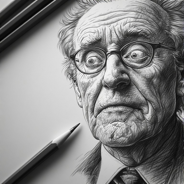 Black-and-white pencil sketch of an elderly man wearing glasses and a tie, with a pencil beside the portrait