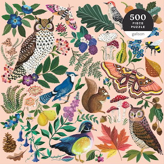 Colorful illustrated collage of woodland animals, birds, insects, flowers and leaves on pink background