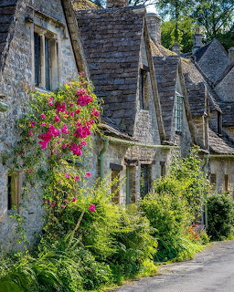 Stone cottages beside a narrow lane with pink flowers and green plants