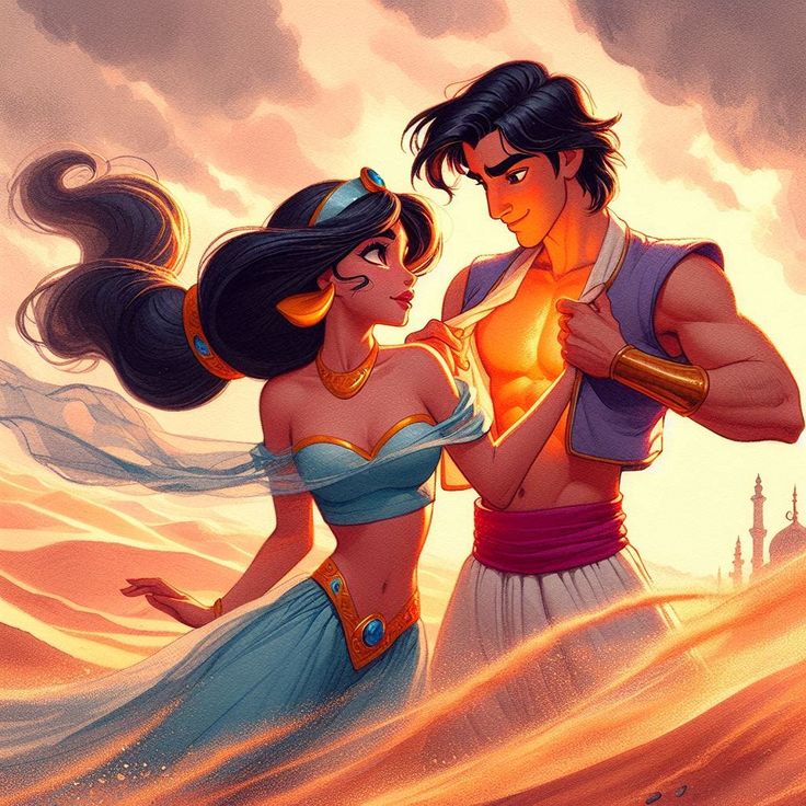 Animated couple in Middle Eastern clothing dancing in desert at sunset