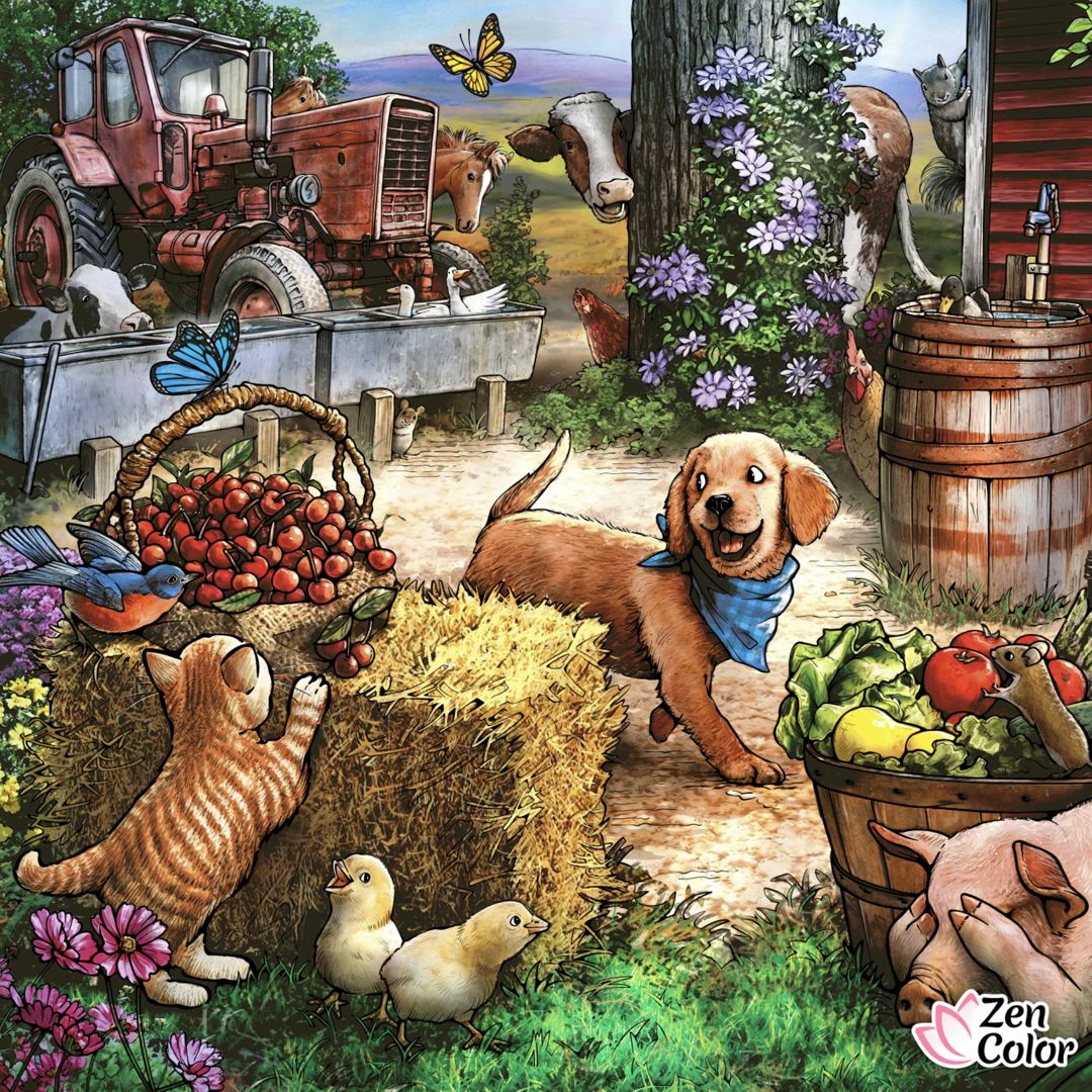 Golden retriever puppy with blue bandana lying on hay among farm animals, vegetables, and rustic farm equipment