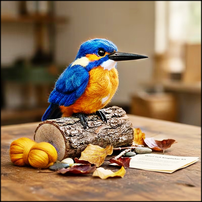Felt kingfisher bird sculpture with blue head and orange breast on a branch with fall leaves