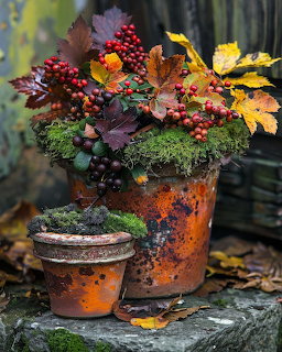 Teracotta pots with autumn leaves, red berries, moss, and grapes on a mosy stone ledge