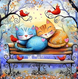 Illustration of two cuddling cats on a park bench with red birds and trees