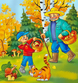 Cartoon grandfather and boy picking mushrooms in an autumn forest with a ginger cat and a snail