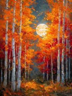 Impressionist autumn forest painting with full moon glowing through fiery orange foliage and white birch trees
