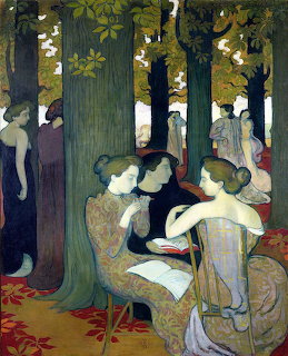 Painting of women in flowing dresses gathered among tall dark tree trunks in a forest setting
