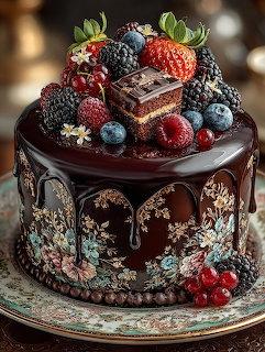 Decorated chocolate cake with ganache drip, floral patterns, and assorted fresh berries on top