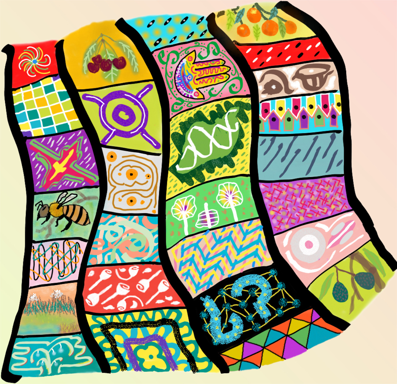 Colorful patchwork quilt in silhouette shape with geometric and floral pattern squares