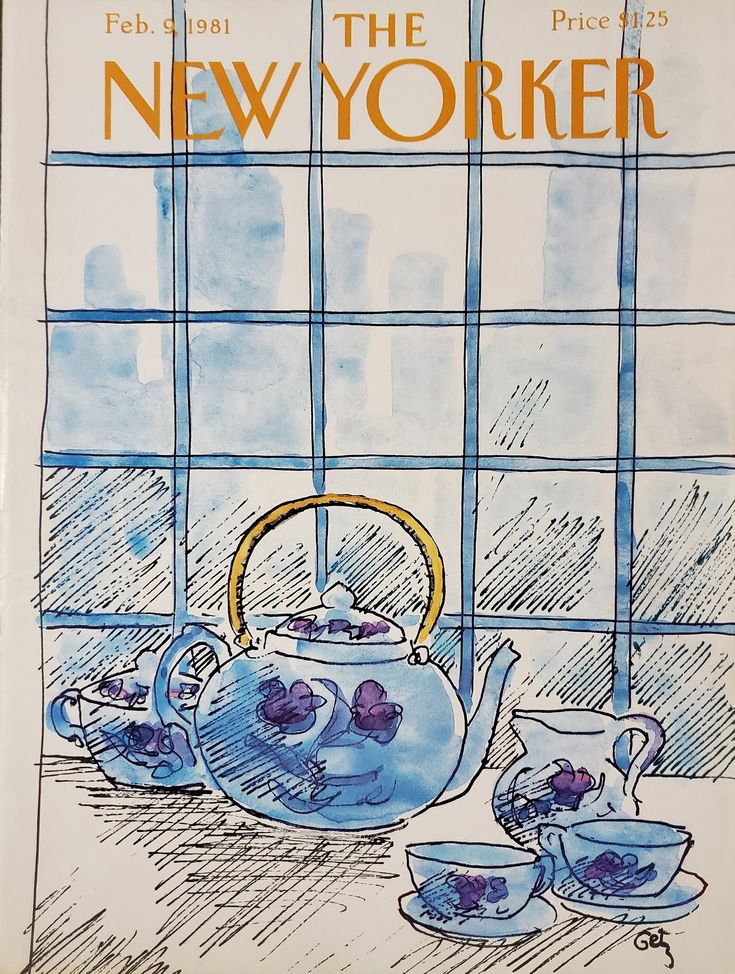 Illustrated tea party scene with figures around a table set with teacups