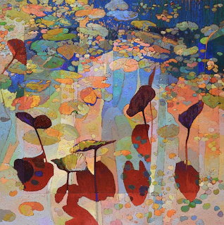 Abstract oil painting of colorful water lilies and lily pads with impressionistic reflections on water