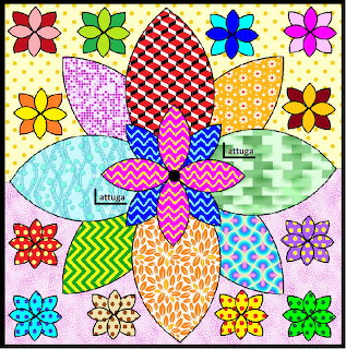 Colorful patchwork quilt with central flower made of patterned petals and small flowers around border