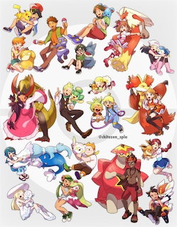 Anime collage of Ash Ketchum and Pokémon companions posing on a white background