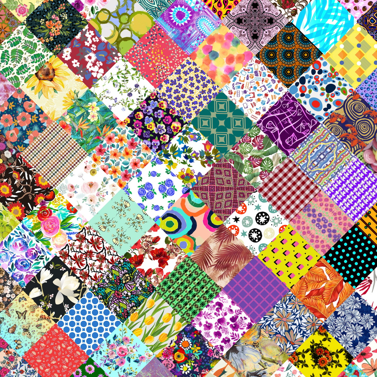 Colorful patchwork quilt with varied fabric patterns in squares