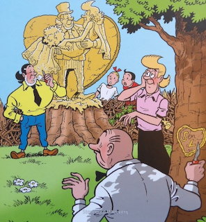 Cartoon characters standing around a golden statue on a tree stump under a tree