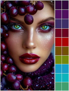 Close-up of woman with green eyes, red lips, and purple grapes framing her face