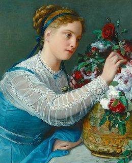 Classical painting of woman in blue and white dress arranging roses in decorative vase