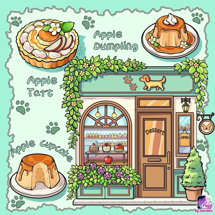 Cozy bakery storefront illustration with apple desserts, shop window, plants, and cat