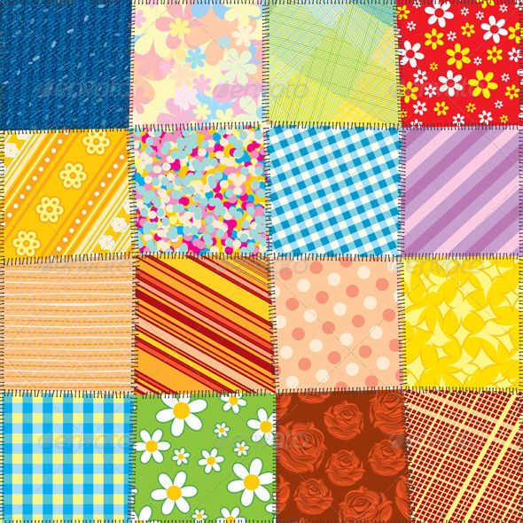 Colorful patchwork quilt with 16 different patterned fabric squares in a 4x4 grid layout
