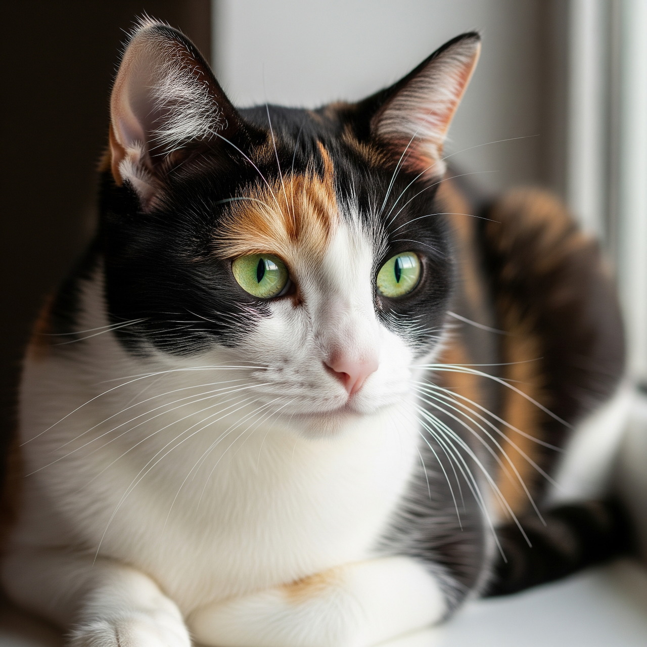 Calico cat with green eyes and white, orange, and black fur looking at camera