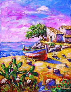 Colorful seaside painting with a beached boat, white house, cactus, and blue sea under a pink sky.