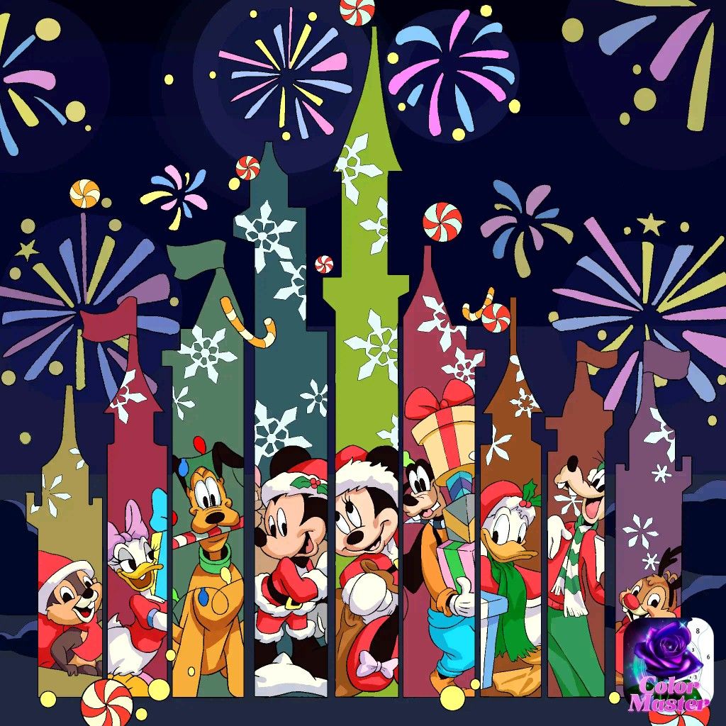 Disney characters in Christmas outfits before illuminated castle with fireworks in night sky