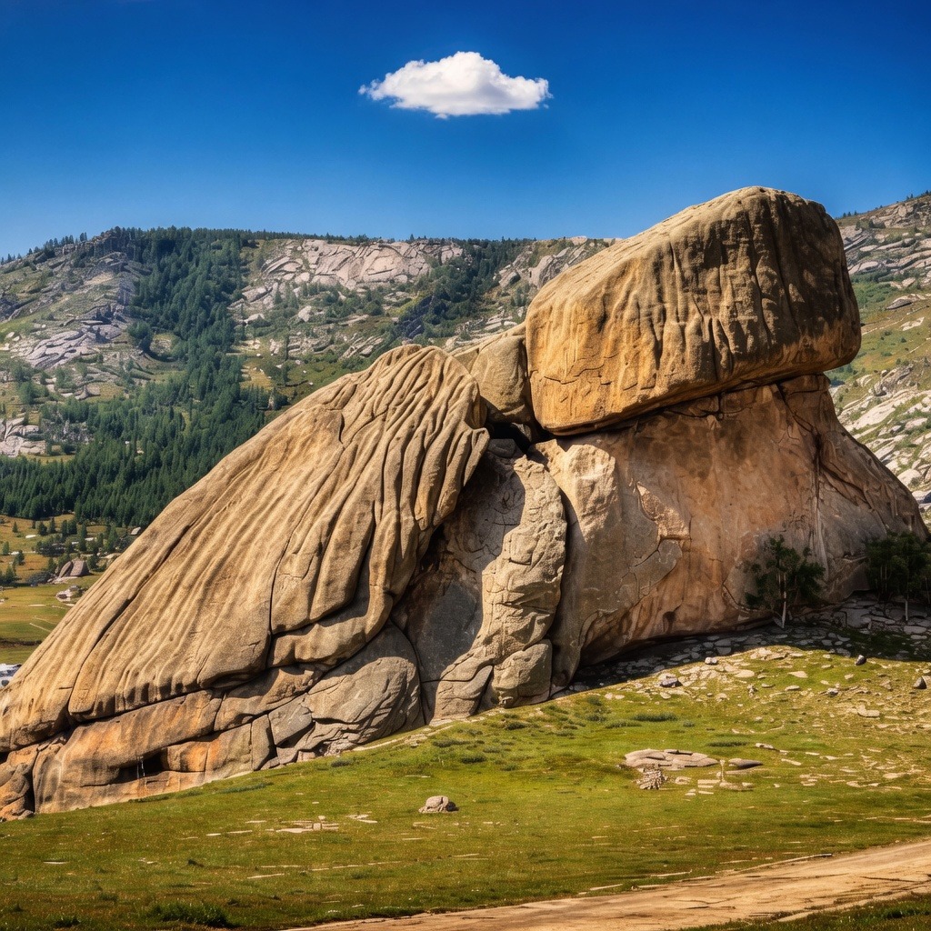 Turtle-shaped rock formation on a grassy slope with mountains and blue sky behind it