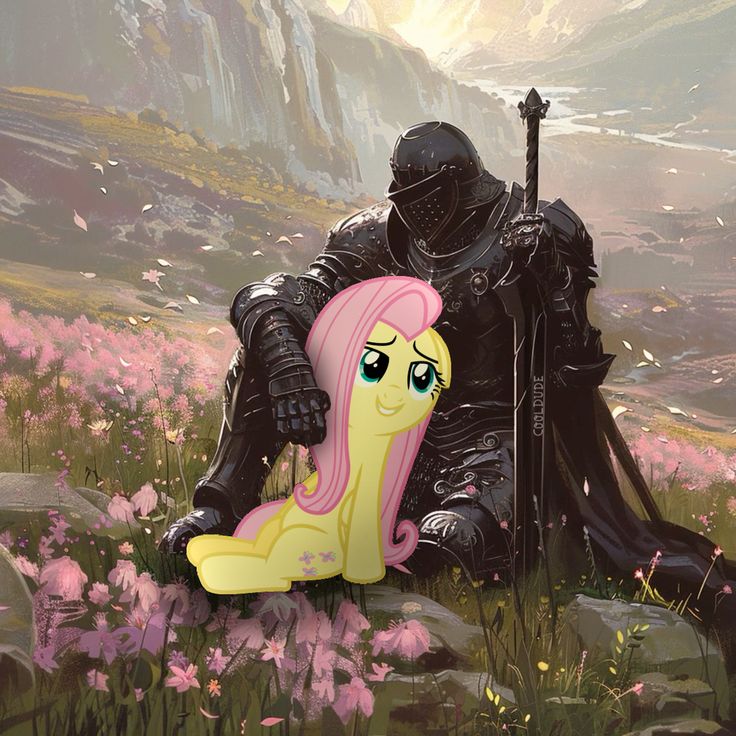Flutershy pony sitting in a grassy meadow next to a dark armored knight with mountains behind