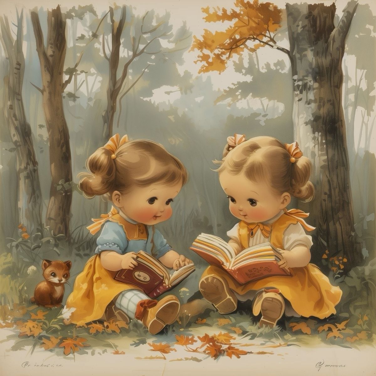 Illustration of two little girls reading books in a forest clearing with a small squirrel beside them