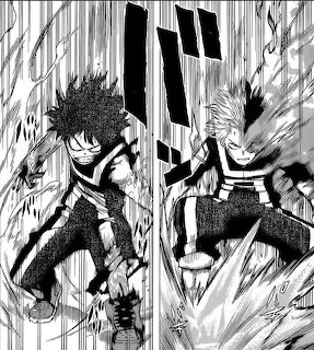 Black and white manga panel showing two characters in intense battle poses with speed lines and Japanese text
