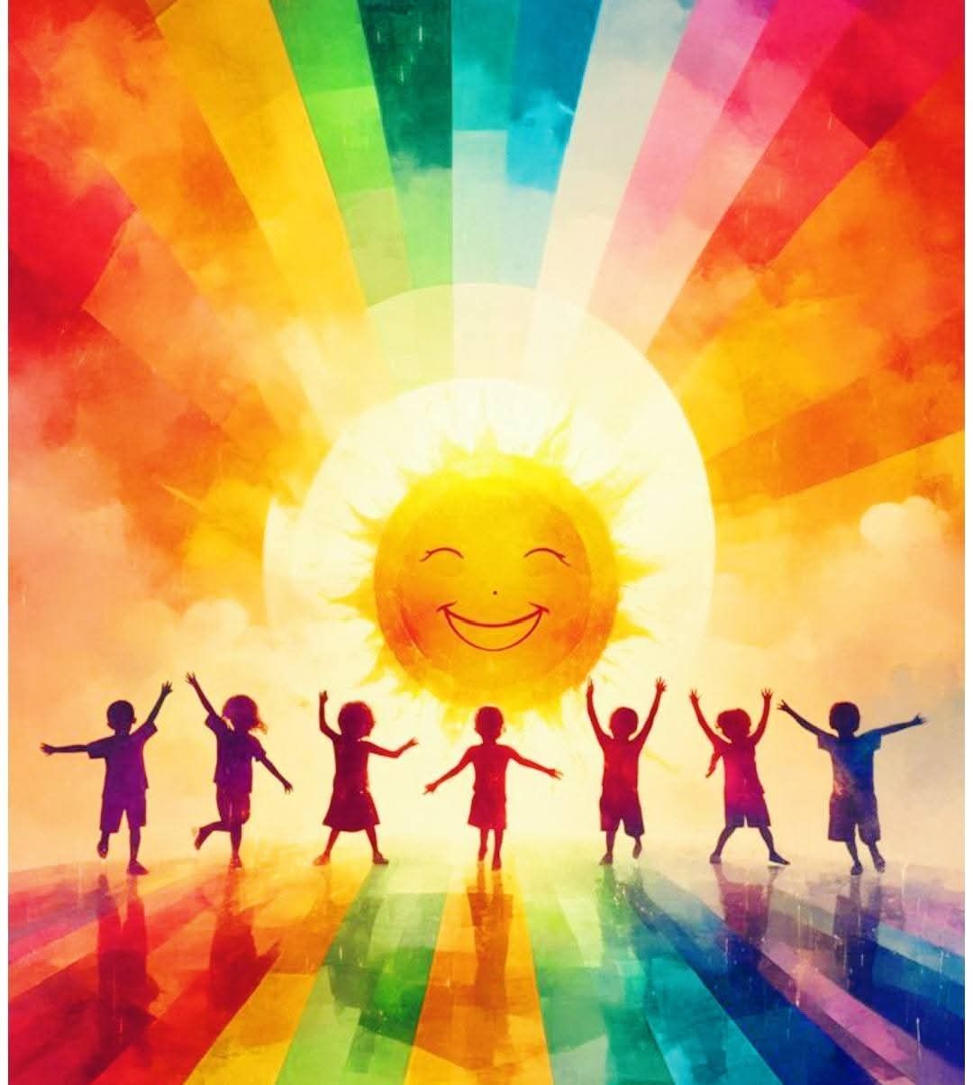 Silhouettes of children dancing under a smiling cartoon sun with colorful rainbow rays
