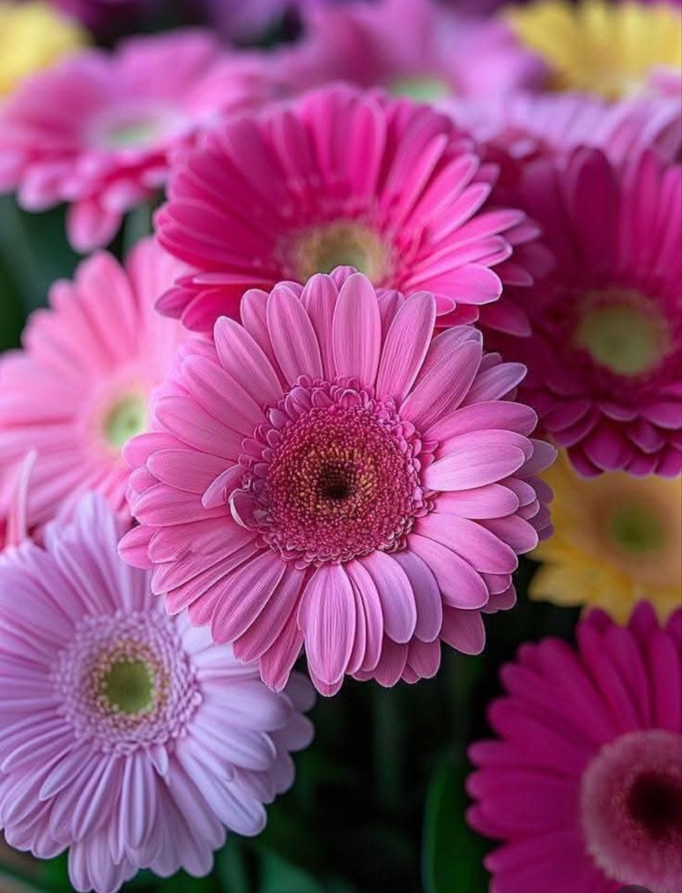 Close-up of pink and lavender gerbera daisy flowers with blurred blooms behind them