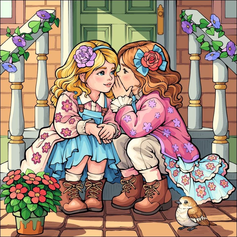 Illustration of two young girls kissing on porch steps with flowers and a small bird
