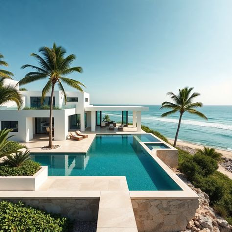 Modern beachfront house with pool, palm trees, and ocean view