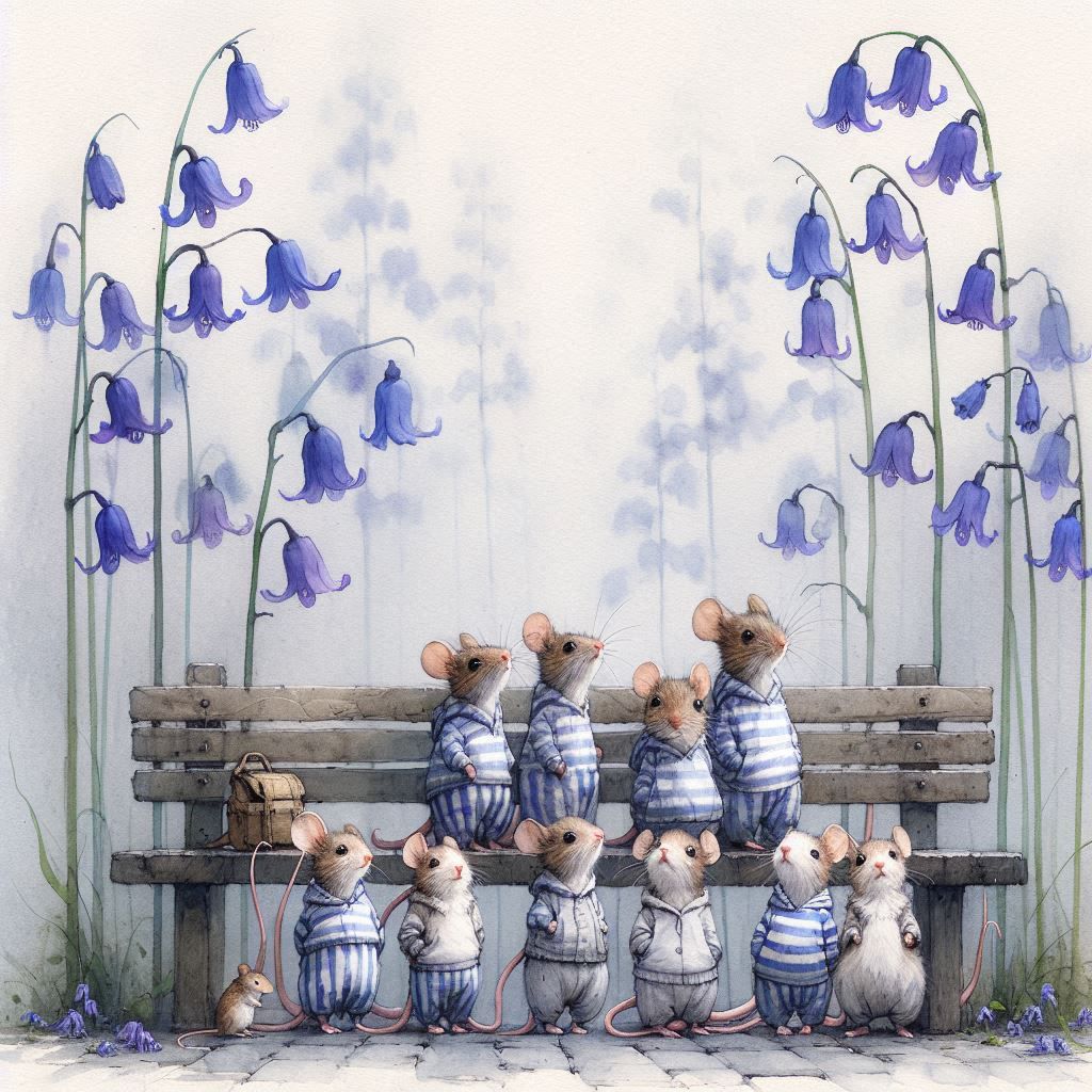 Illustrated mice in blue striped clothing sitting on wooden bench with purple bluebells