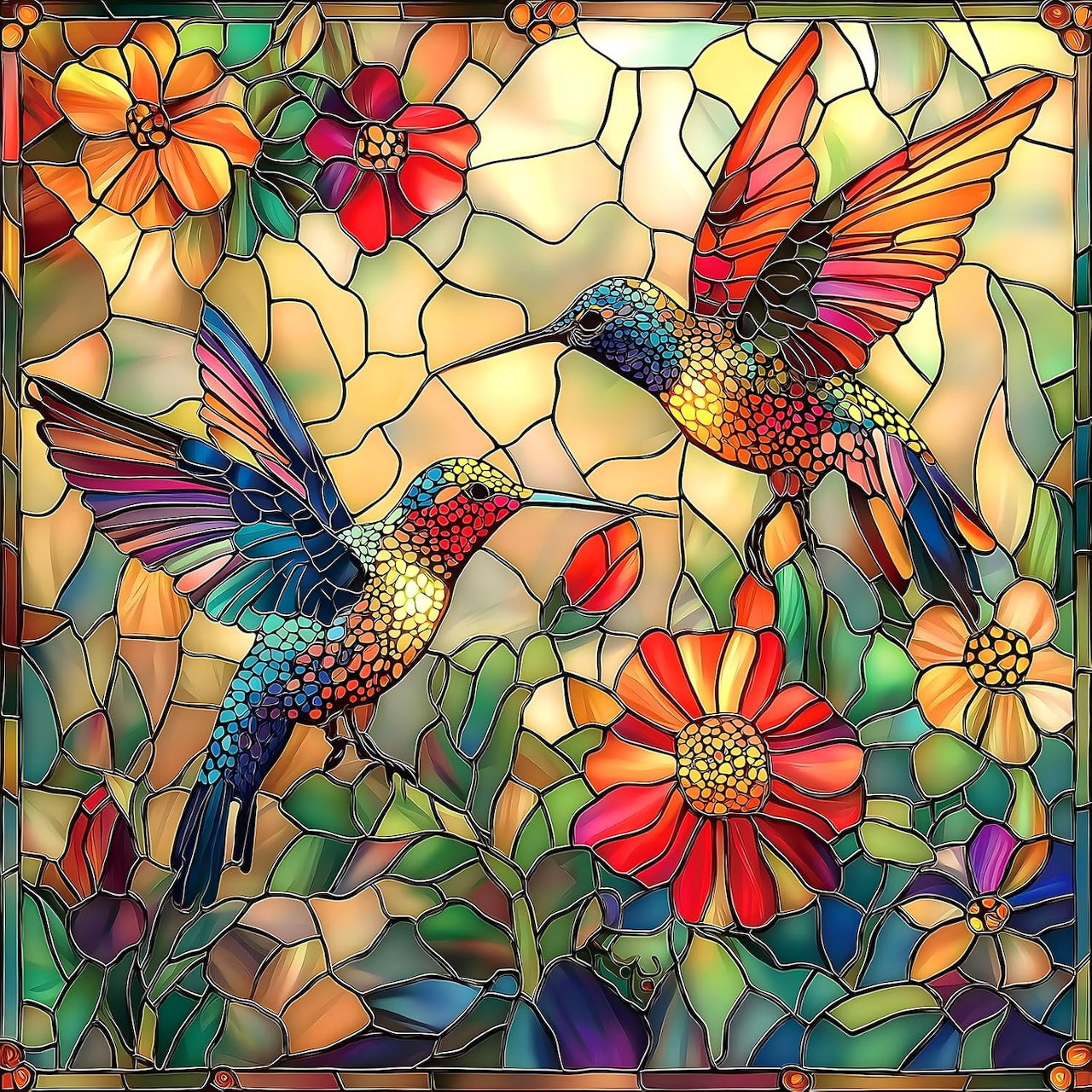 Stained Glass Hummingbirds and Flowers